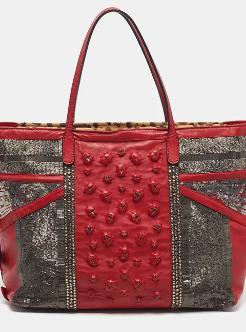 Valentino Red Leather Sequins and Crystals Zip Shopper Tote