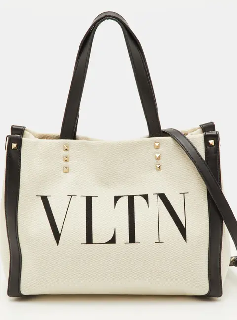 Valentino VLTN Small Beige/Black Canvas and Leather Rockstud Tote