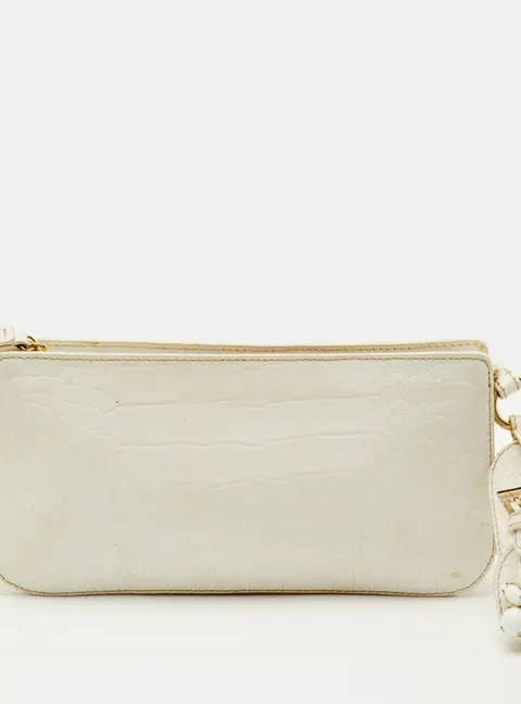 Valentino White Croc Embossed Leather Crystal Embellished Wristlet Pouch Clutch