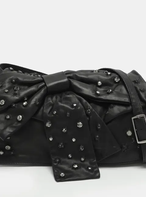 Valentino Bow Black Crystal Embellished Leather Shoulder Bag