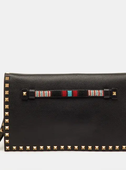 Valentino Rockstud Flap Black Leather Wristlet Clutch