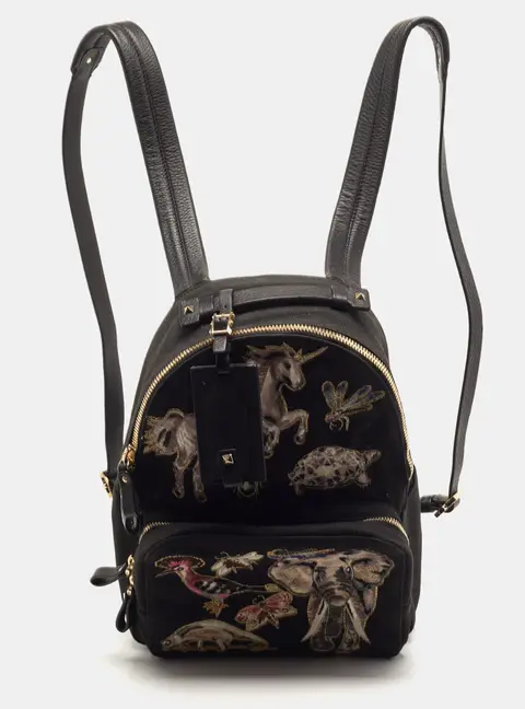 Valentino Fantastic Animal Embroidered Black Canvas Backpack