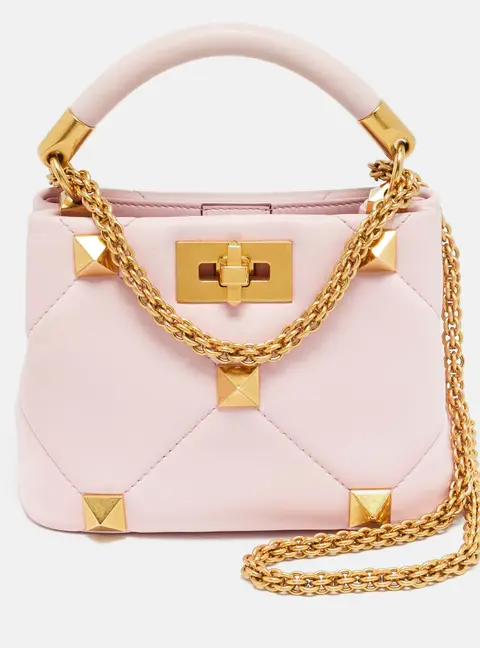Valentino Roman Stud Mini Pink Quilted Leather Top Handle Bag