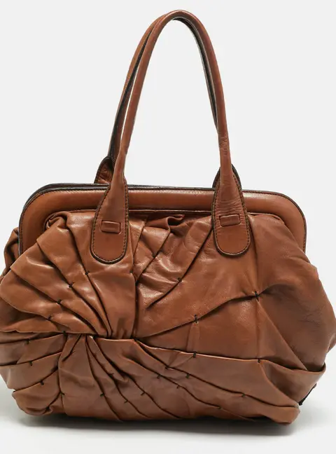 Valentino Pleated Brown Leather Satchel