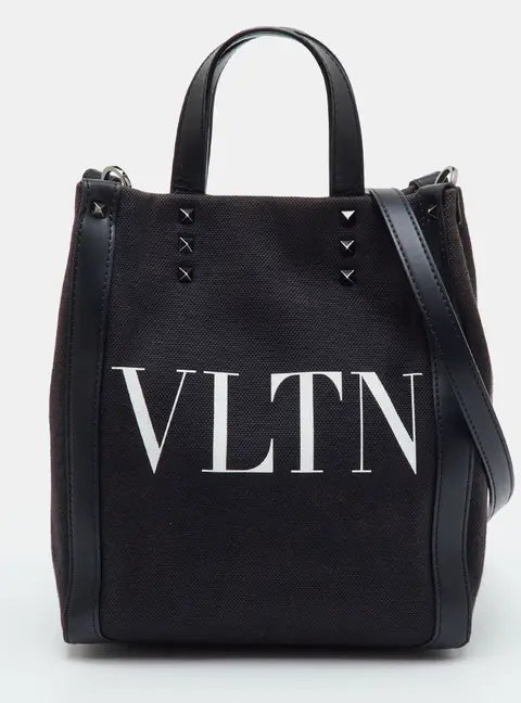 Valentino Rockstud VLTN Mini Black Canvas and Leather Logo Print Tote