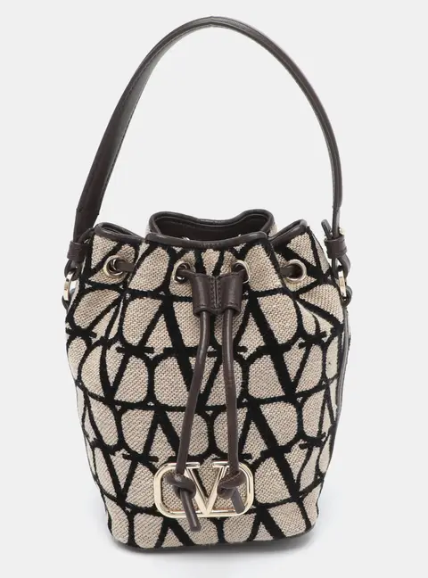 Valentino VLogo Mini Beige/Brown Iconographe Canvas and Leather Bucket bag