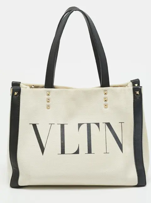 Valentino VLTN Rockstud Small Beige/Black Canvas and Leather Tote