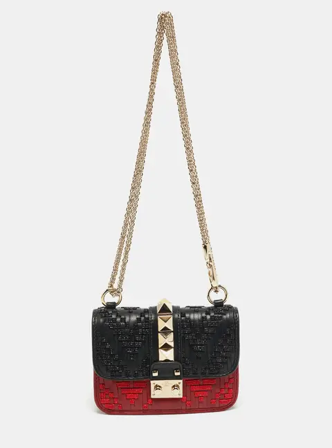 Valentino Beaded Glam Lock Mircro Black/Red Leather Shoulder Bag