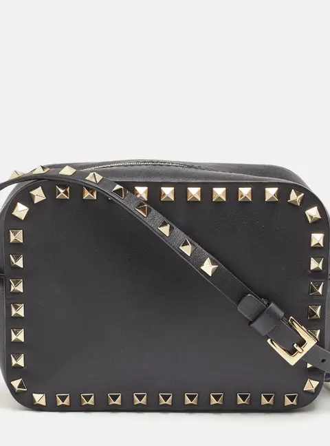 Valentino Rockstud Black Leather Camera Crossbody Bag