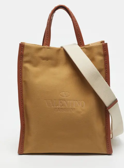 Valentino Identity Khaki/Brown Canvas and Leather Tote