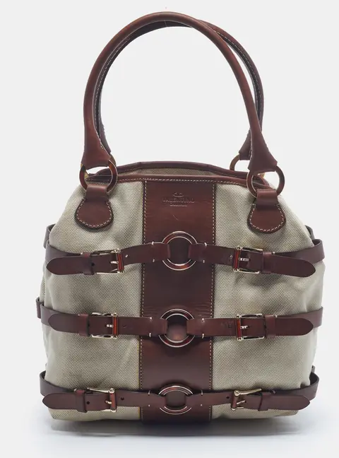 Valentino Triple Bucket Brown/Beige Canvas and Leather Tote