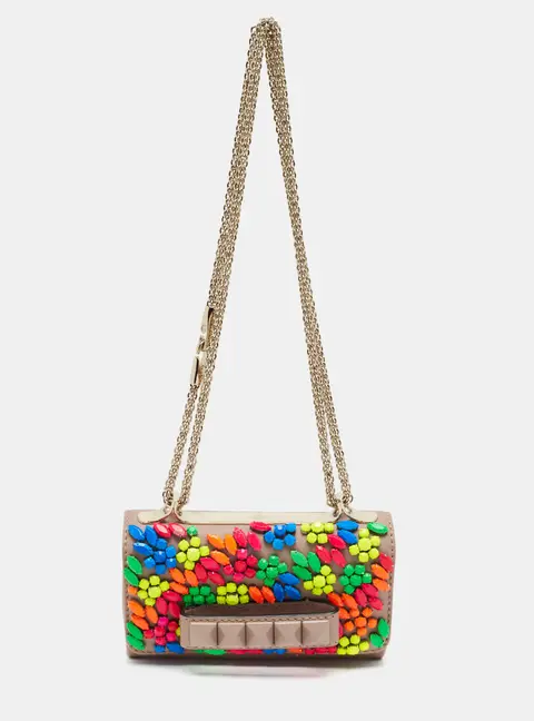 Valentino Va Va Voom Embellished Mini Beige Leather Chain Bag