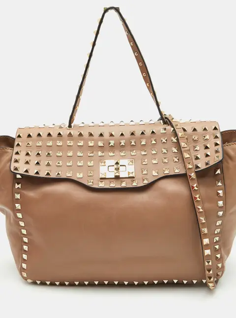 Valentino Rockstud Allover Beige Leather Flap Top Handle Bag