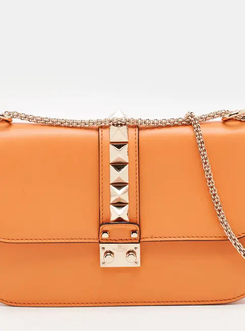 Valentino Glam Lock Medium Orange Leather Rockstud Flap Bag