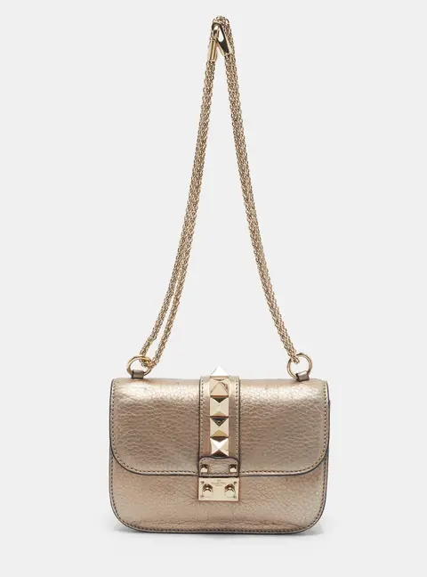 Valentino Rockstud Glam Lock Small Metallic Leather Shoulder Bag