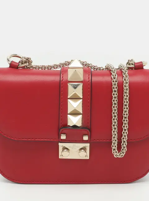 Valentino Glam Lock Small Red Leather Shoulder Bag
