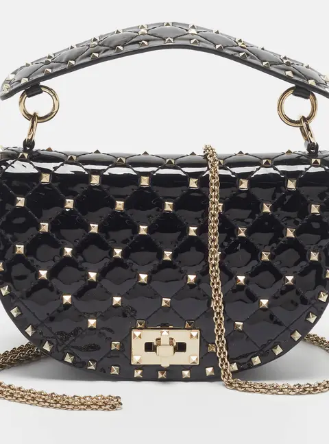 Valentino Rockstud Spike Halfmoon Black Patent Leather Saddle Bag