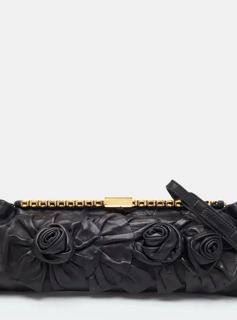 Valentino Rose Black Leather Pouch Clutch