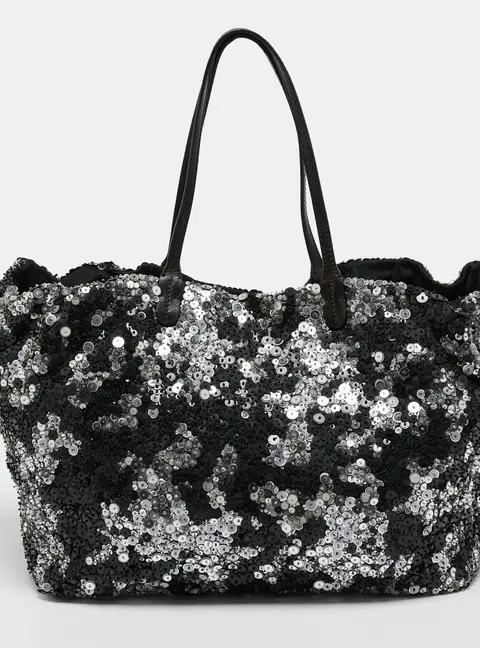 Valentino Glam Black/Silver Sequins and Leather Tote