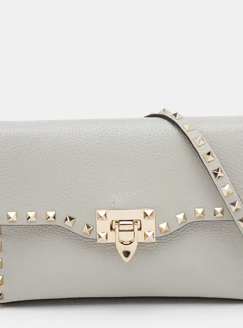 Valentino Rockstud Light Grey Leather Flip Lock Flap Crossbody Bag