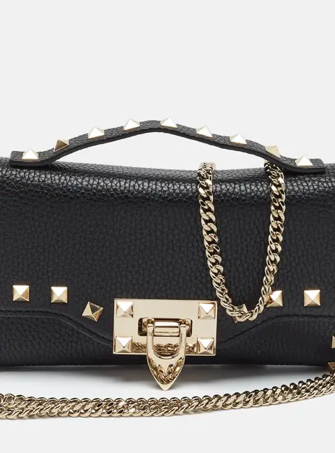 Valentino Rockstud Flap Black Leather Wallet on Chain