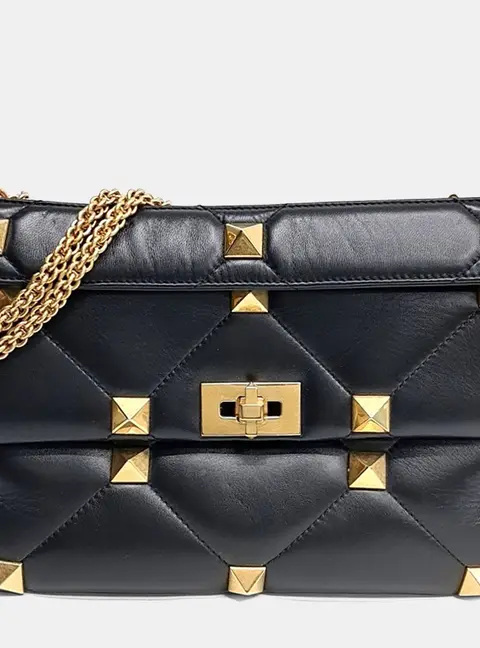 Valentino Black Leather Roman Studded Tote and Shoulder Bag Large