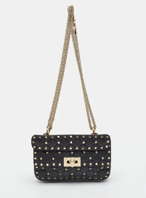 Valentino Rockstud Spike Small Black Quilted Leather Top Handle Bag