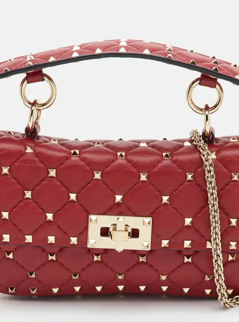 Valentino Rockstud Spike Small Red Quilted Leather Top Handle Bag