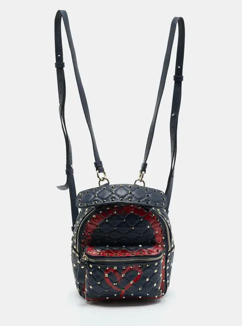 Valentino Rockstud Spike Mini Navy Blue/Red Quilted Leather Backpack