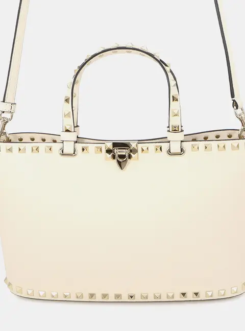 Valentino Garavani Rockstud Small Light Ivory Grained Calfskin Leather Tote Bag
