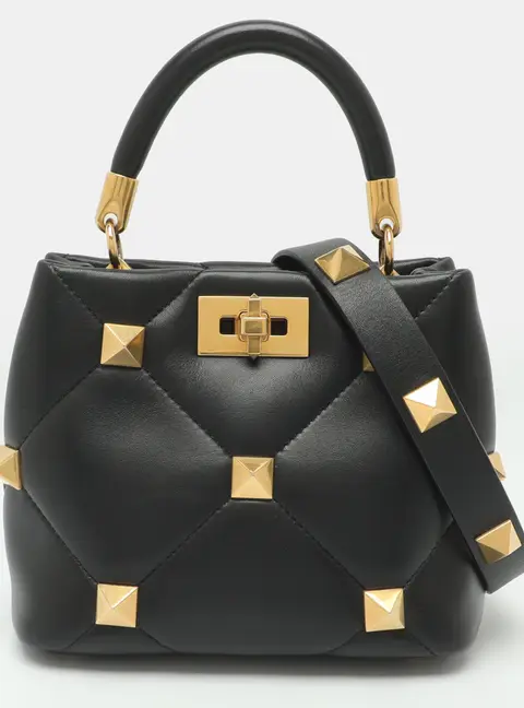 Valentino Roman Small Stud Black Quilted Leather Top Handle Bag