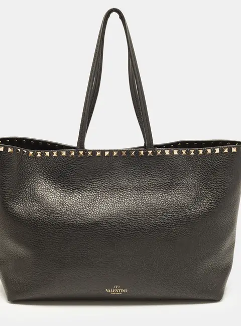 Valentino Rockstud Black Leather Shopper Tote