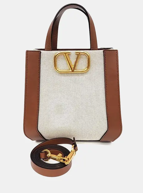Valentino Beige Brown Fabric V-logo Signature Tote and Shoulder bag