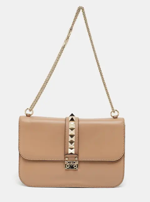 Valentino Glam Lock Rockstud Large Beige Leather Flap Bag