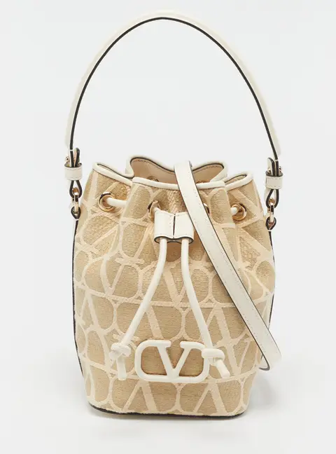Valentino VLogo Mini Beige/Khaki Iconographe Canvas and Leather Bucket Bag