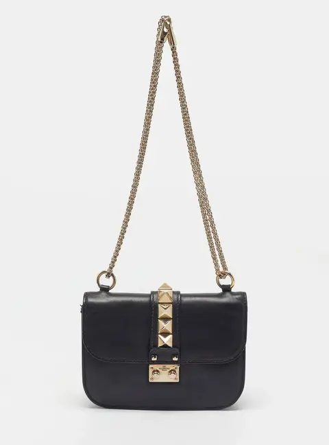 Valentino Glam Lock Small Black Leather Shoulder Bag