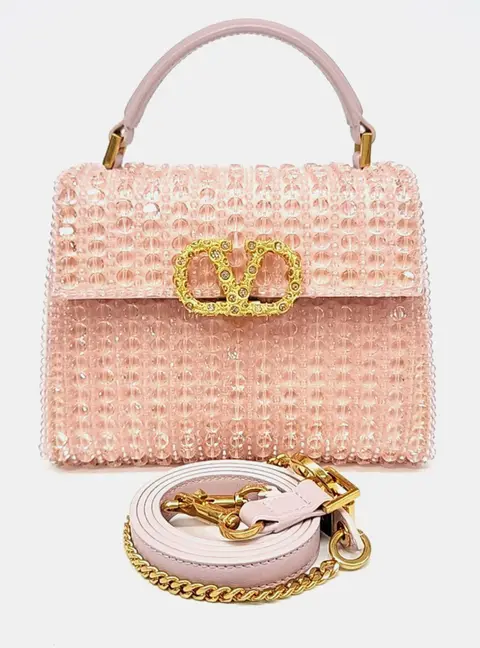 Valentino Pink Crystals and Leather Beads V-Sling Top Handle Bag Mini