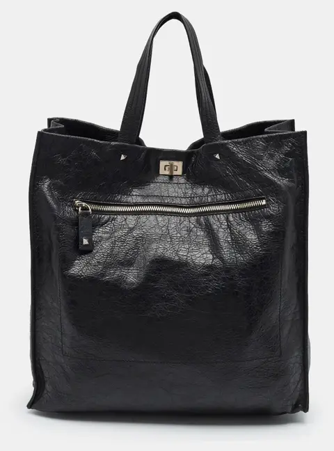 Valentino Rockstud Black Leather Shopper Tote