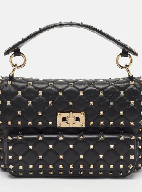 Valentino Multipocket Rockstud Spike Black Quilted Leather Top Handle Bag