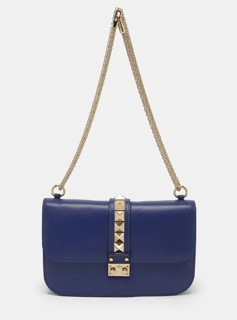 Valentino Rockstud Glam Lock Medium Navy Blue Leather Bag