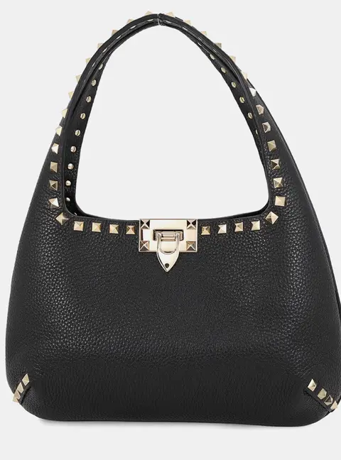Valentino Garavani Rock Studded Small Hobo Bag Black Calf Leather Size Small