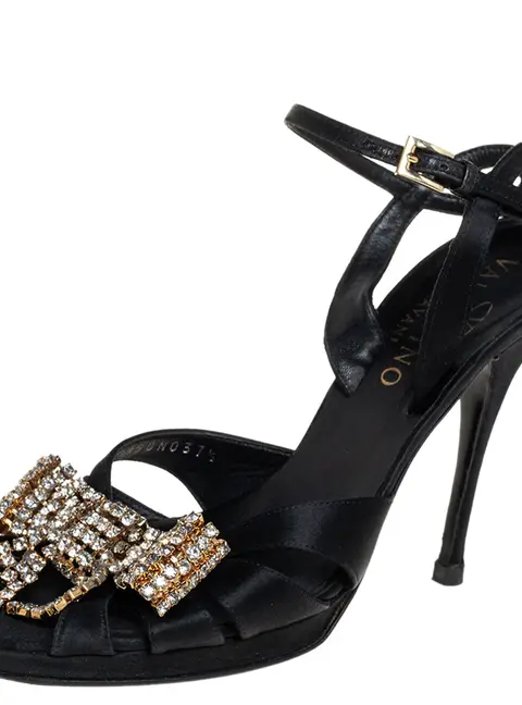 Valentino Black Satin Bow Crystal Embellished Ankle strap Sandals Size 37