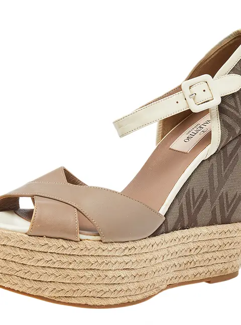 Valentino Beige/Brown Leather And Fabric Wedge Platform Espadrille Sandals Size 39.5