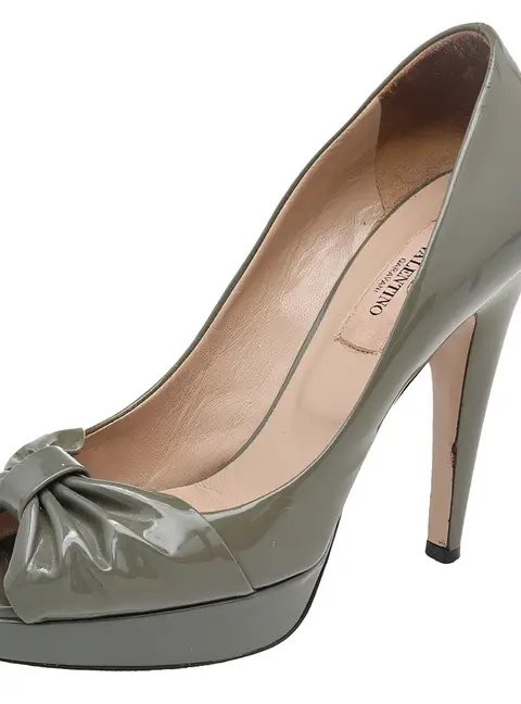 Valentino Olive Green Patent Leather Platform Peep Toe Pumps Size 35