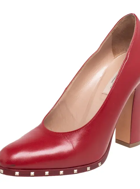 Valentino Red Leather Soul Rockstud Block Heel Pumps Size 37.5