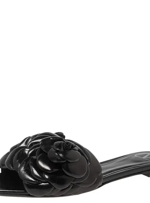 Valentino Garavani Black Leather Atelier 03 Rose Edition Slides Sandals Size 35.5