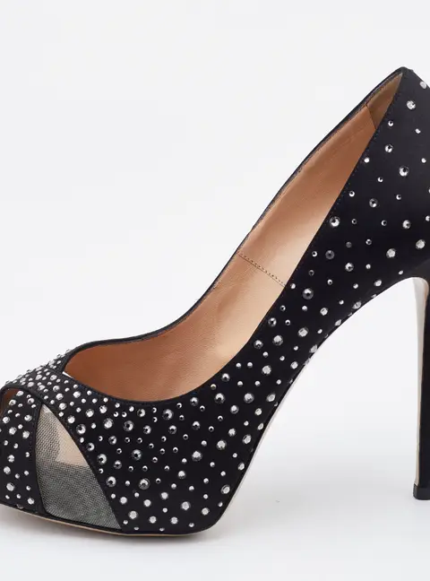 Valentino Black Satin and Mesh Crystal Embellished Platform Pumps Size 37.5