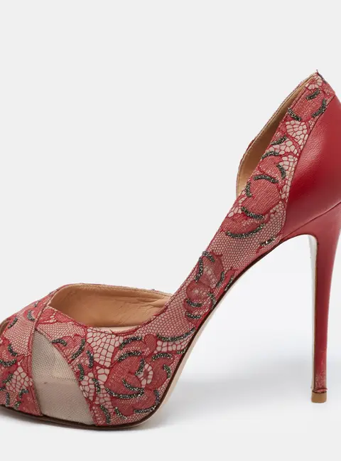 Valentino Two Tone Lace, Mesh and Leather Peep Toe D'orsay Pumps Size 36.5