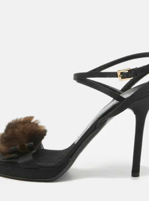 Valentino Black Satin Fur Bow Ankle Strap Sandals Size 38