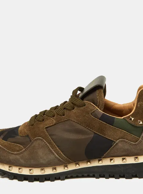 Valentino Green/Brown Suede and Camouflage Canvas Rockrunner Low Top Sneakers Size 35